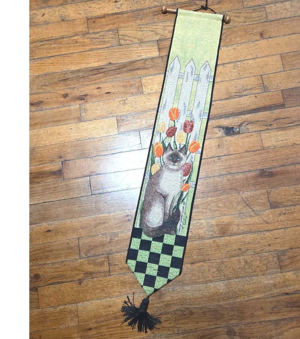 Vtg Long Cat Tapestry Wall Hanging Siamese Tulip Checkered Tassel Art